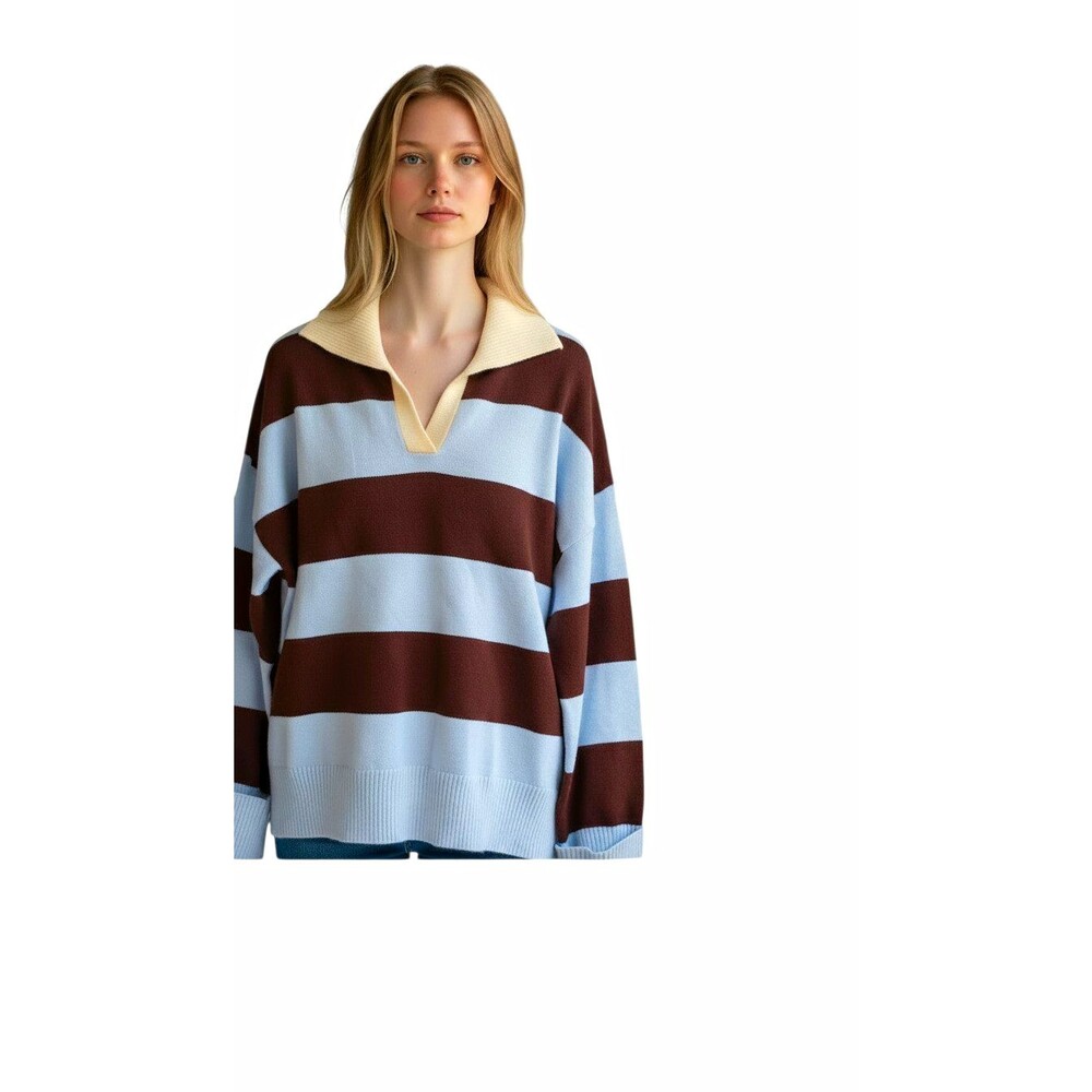 Petal + Pup Striped Collared Knit Pullover Sweater Long Sleeve Brown L
